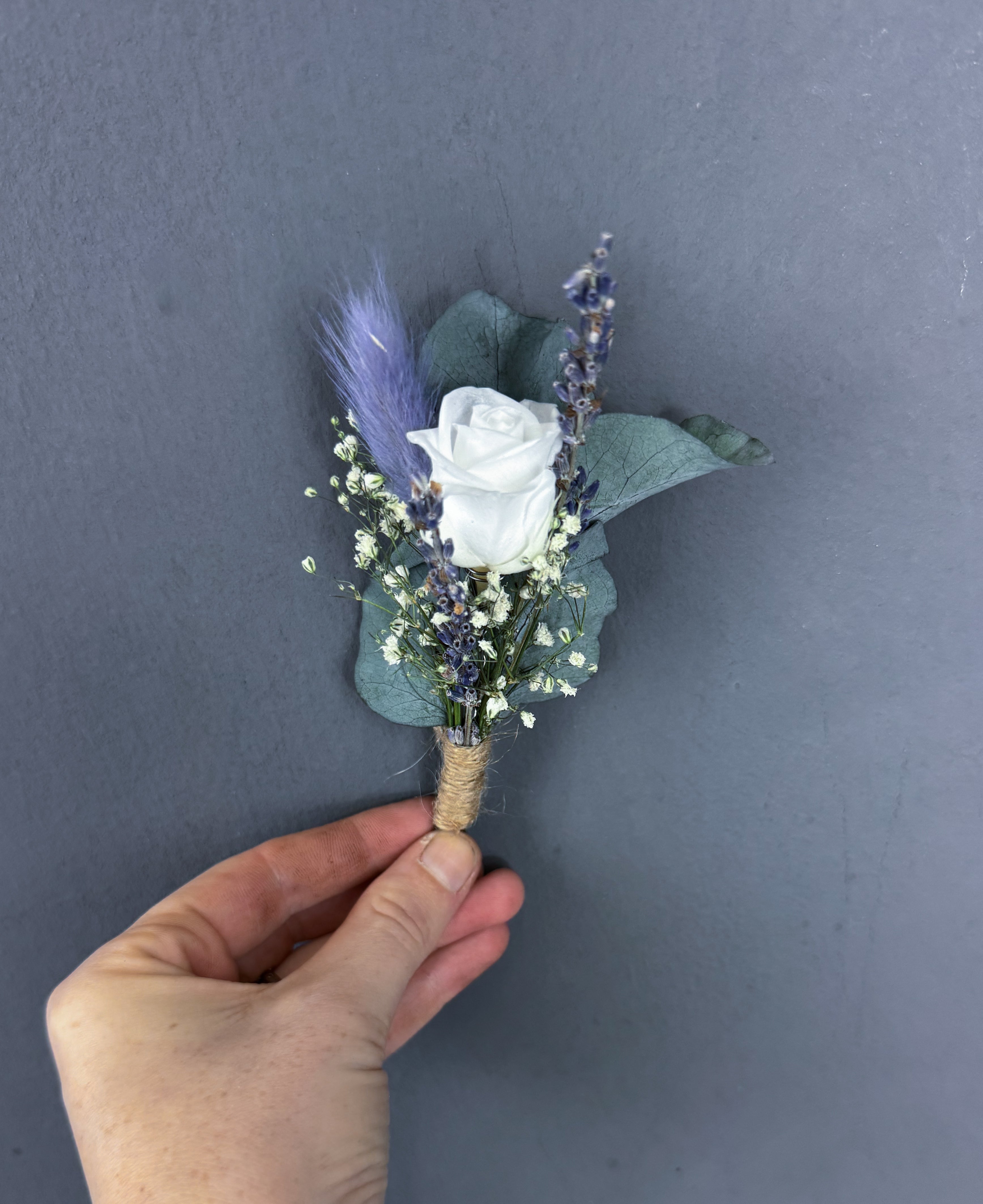 Amelia dried flower buttonhole - white and purple buttonhole - dried wedding flowers delivered UK