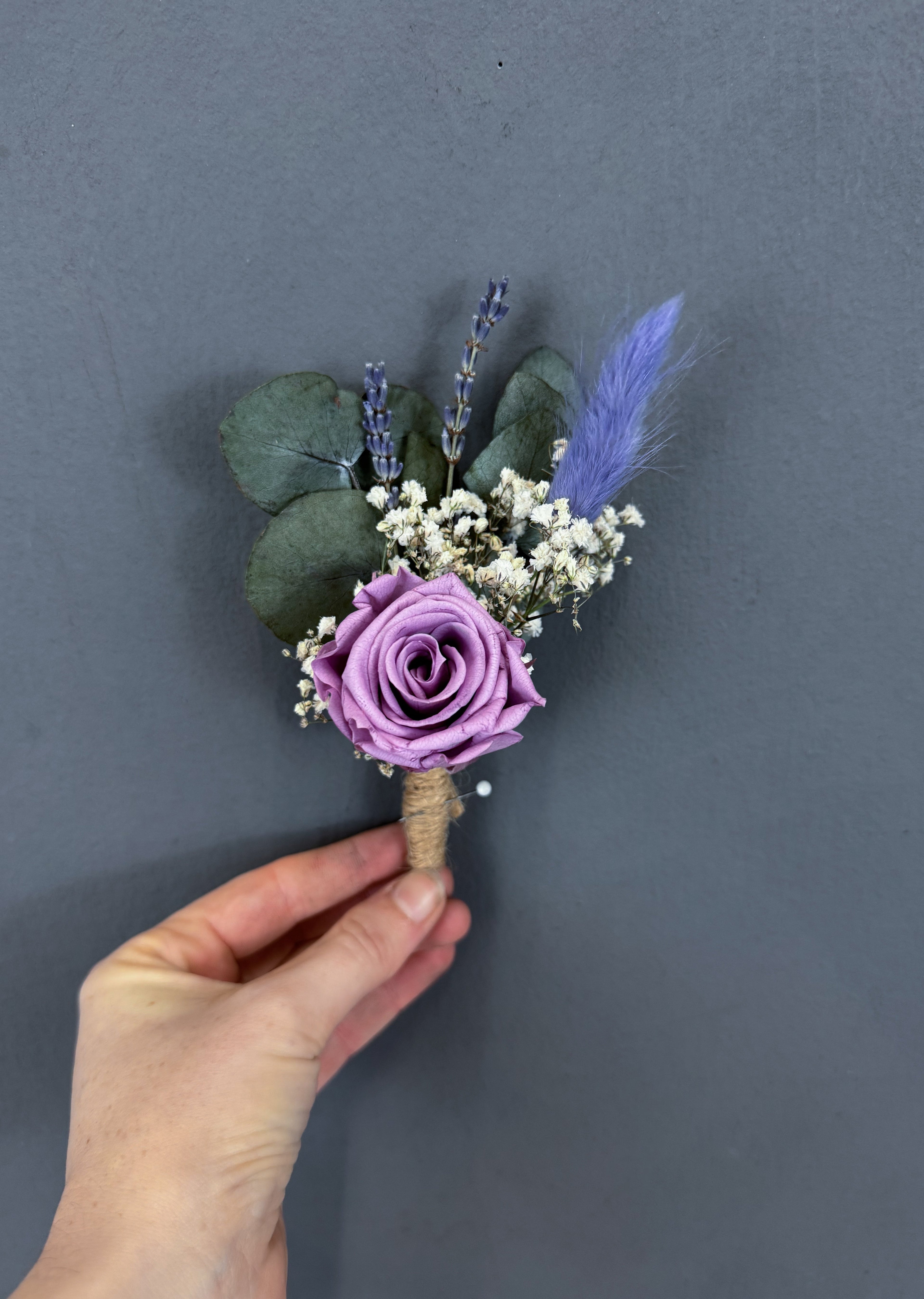 Amelia dried flower buttonhole - purple rose buttonhole - dried wedding flowers UK delivery 